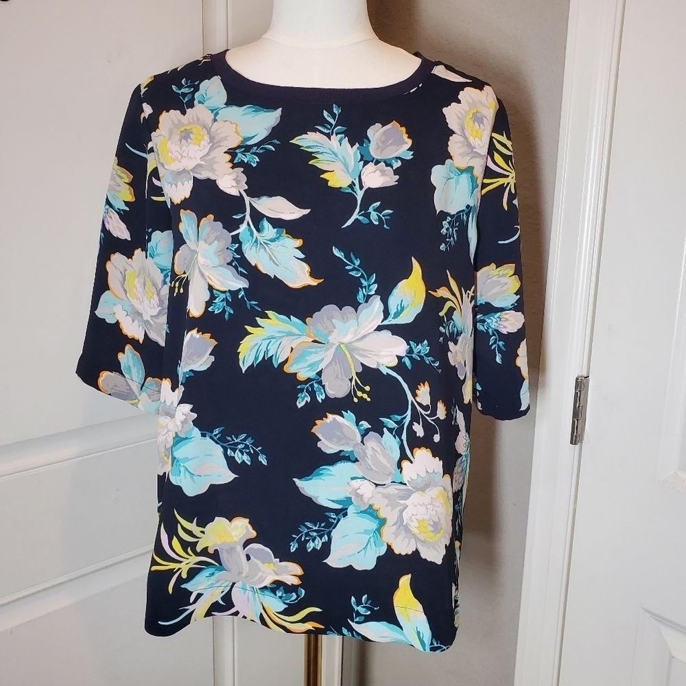 Ann Taylor Navy Blue Floral Print Women's Crewneck Blouse Size Medium NWOT